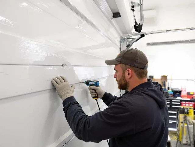 Miramar Garage Door Repair technician demonstrating precision dent removal techniques on a Miramar garage door