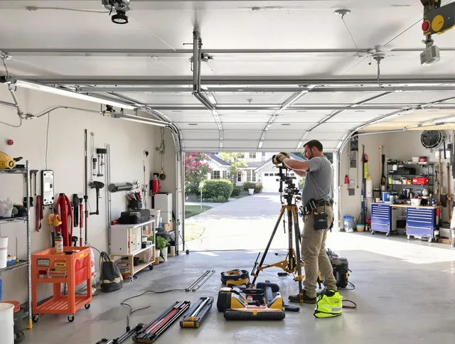 Miramar Garage Door Repair specialist performing laser-guided track alignment in Miramar